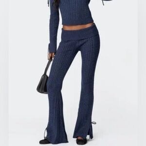 Edikted Chase Fold Over Cable Knit Pants in Navy